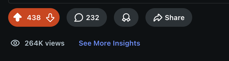 Reddit post analytics: 264K views, 438 upvotes, 232 comments