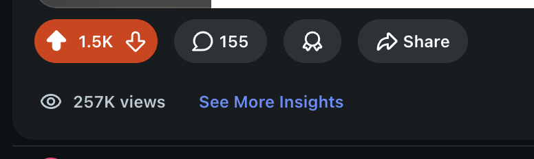 Reddit post analytics: 257K views, 1.5K upvotes, 155 comments